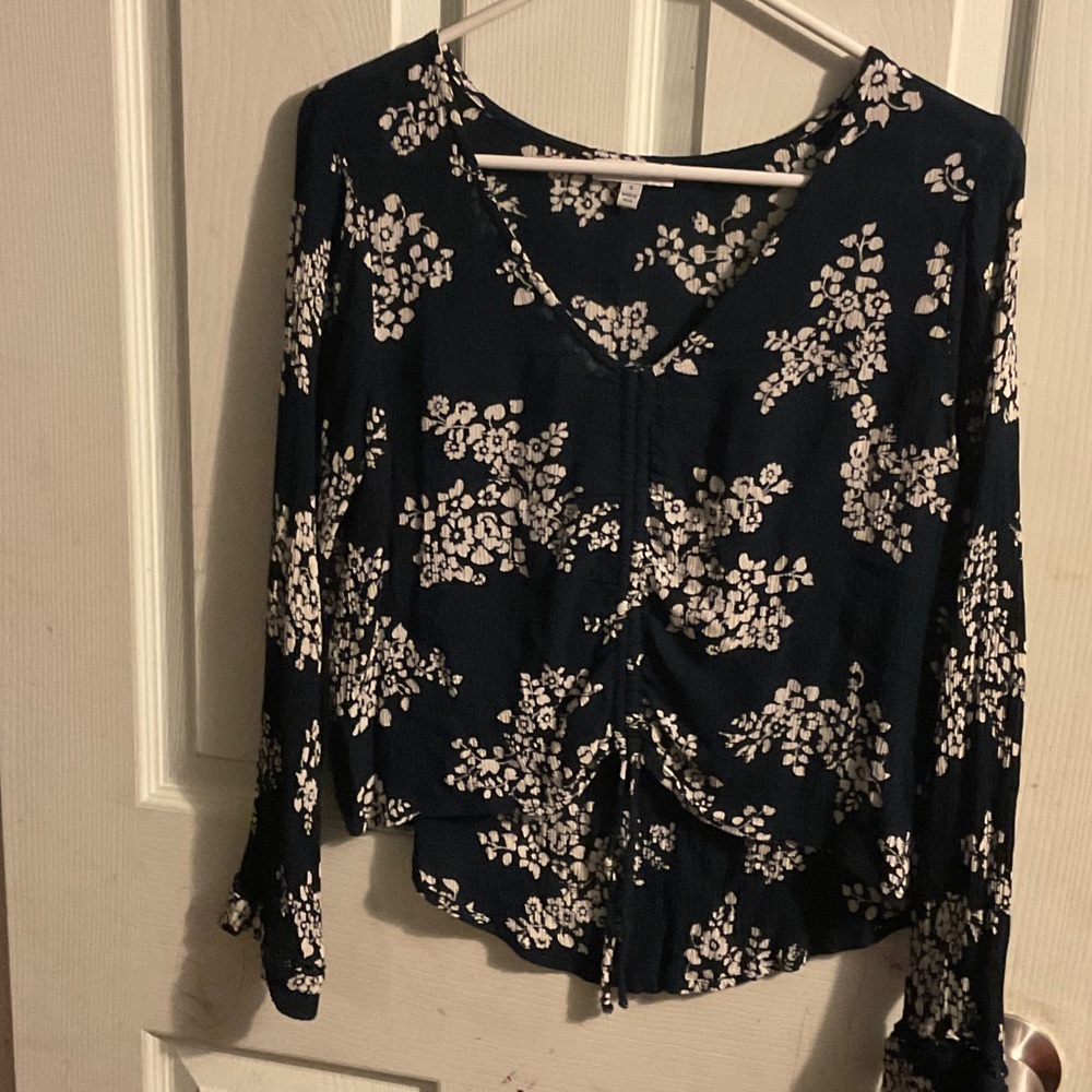 Patrons of Peace Navy and White Floral V-Neck Ruched Blouse